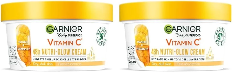 Garnier Body Superfood, Nutri Glow Body Cream, Vitamin C & Mango, for Dry & Dull Skin, Brightening & Glowing, Nourishing & Fast Absorbing, Vegan Formula, Approved by Cruelty Free International, 300ml