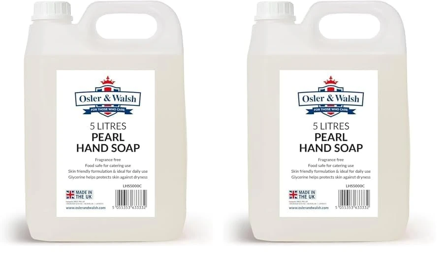 Osler & Walsh 5 Litre Pearl Hand Soap, Lightly Fragranced Hand Wash for Home, School and the Workplace. Hydrates & Softens Skin, Non-Sticky Liquid Hand Soap Protects Skin From Dryness (Pack of 2)