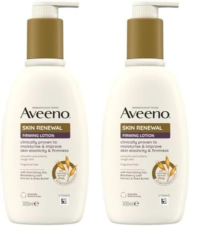 Aveeno Skin Renewal Firming Lotion (1x 300ml), Firming Body Lotion with Nourishing Prebiotic Oat, Shea Butter, 4% Naturally-Derived PHA and Blackberry Leaf Extract (Pack of 2)