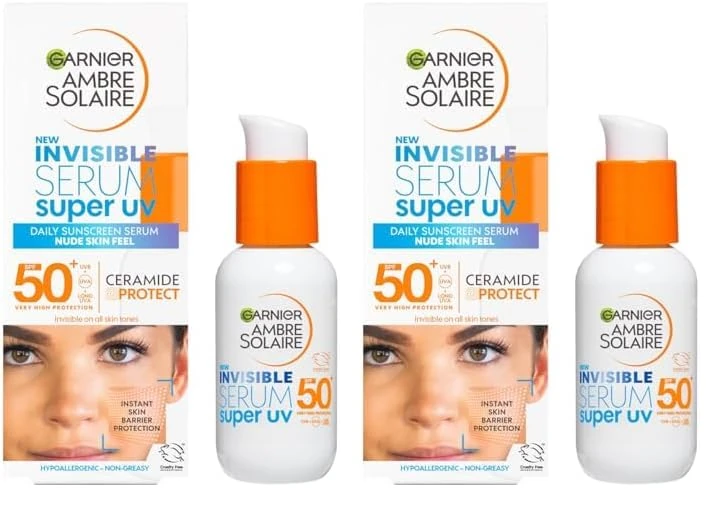 Garnier Ambre Solaire SPF 50+ Super UV Invisible Serum Moisturiser for Face, High Protection Against UVA & UVB, Sun Cream for all Skin Types, With Hyaluronic Acid, Vitamin E & Ceramides, Vegan, 30ml