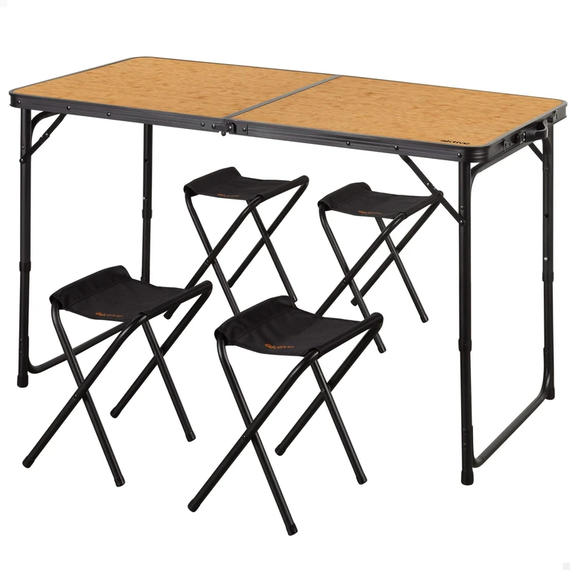 AKTIVE 63162 Aluminium Folding Table with 4 Steel Stools, Height Adjustable 60/70 cm, Surface 120 x 60 cm, Bamboo Finish, Portable Design with Handle for Camping, Beach and Garden,