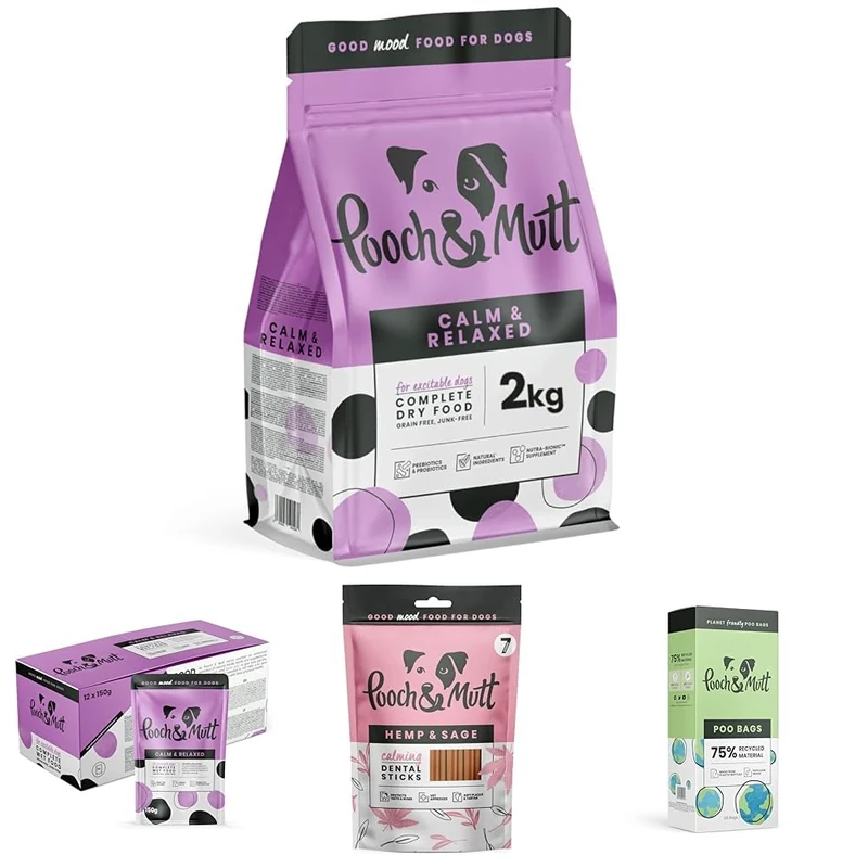 Pooch & Mutt - The Calm & Relaxed Bundle, Calm & Relaxed Complete Dry Dog Food 2kg, Calm & Relaxed Wet Dog Food 12x150g, Calming Dental Sticks 1x7 Sticks, 120 Poo Bags Extra Thick Unscented