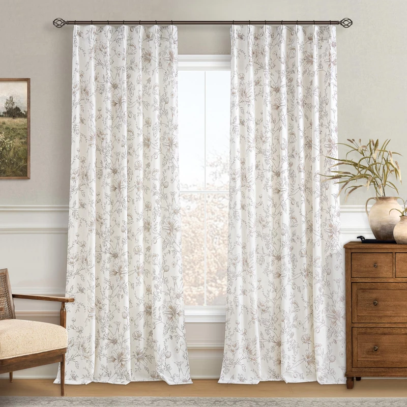 Light Brown Floral 108 Inch Linen Curtains Semi Sheer Pinch Pleat Curtain