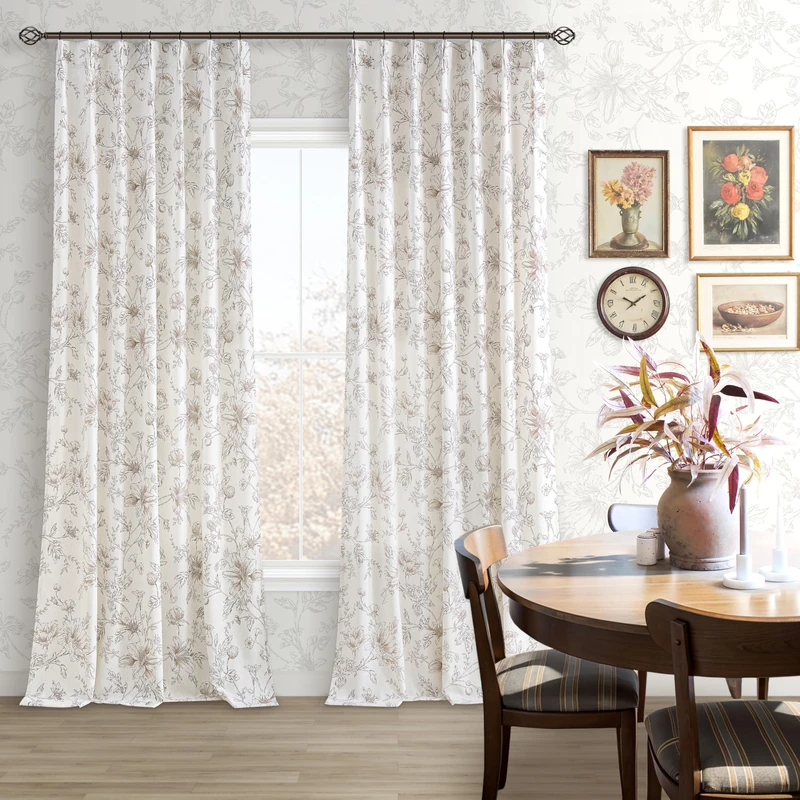 BILEEHOME Pinch Pleated Curtains 120 Inches Long Brown Floral Linen Drapes