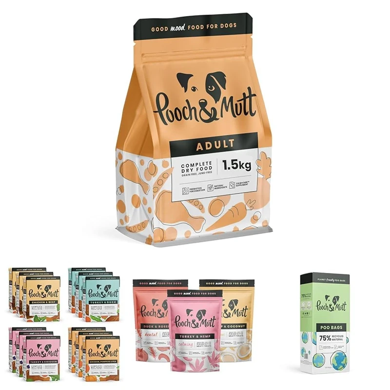 Pooch & Mutt Adult Bundle - 1.5kg Dry Dog Food, 12x375g Wet Food Variety Pack, 3x120g Meaty Treats, 120 Poo Bags