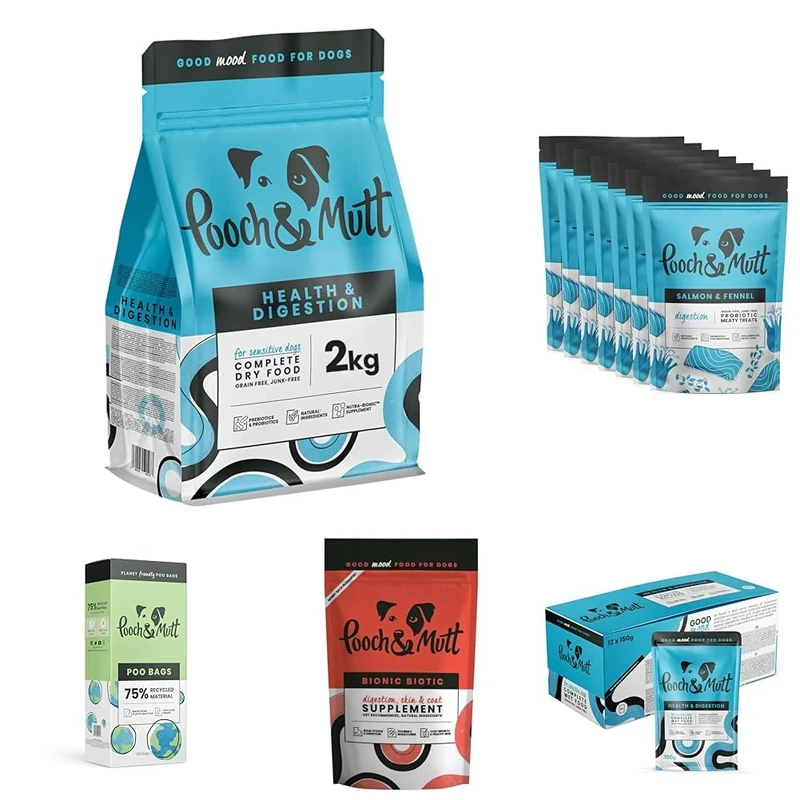 Pooch & Mutt - Health & Digestion Bundle: Adult Grain-Free Dry Dog Food 2kg, Meaty Dog Treats 7x120g, Wet Dog Food 12x150g, Bionic Biotic Supplement 200g, 120 Poo Bags