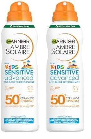 Garnier Ambre Solaire SPF 50+ Kids Anti-Sand Mist, Children's Sun Protection Spray, Non-Greasy and Fast-Absorbing, Water- and Sand-Resistant, Hypoallergenic, Sensitive Advanced, 150 ml (Pack of 2)