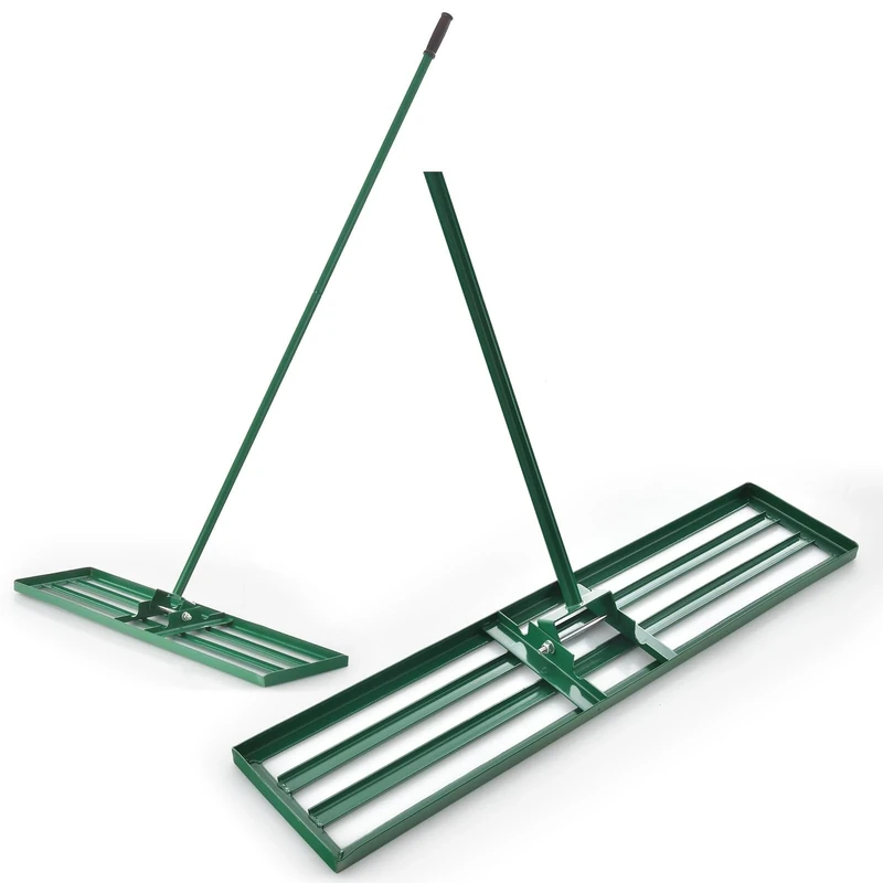 FANTASK Lawn Levelling Metal Rake 91cm x 25cm x 170cm Lawn Tool with Non-Slip PVC Handle Green Leveling Rake for Various Types of Grass