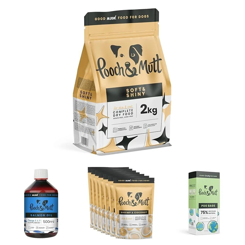 Pooch & Mutt - The Skin & Coat Bundle, Soft & Shiny Complete Dry Dog Food for Skin and Coat 2kg, Natural Salmon Oil Supplement 500ml, Skin & Coat Meaty Dog Treats 7x120g, 120 Poo Bags Recyclable