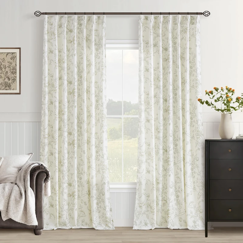 Green Floral Linen Curtains Pleated Privacy Drapes 96 Inches Long 2 Panels