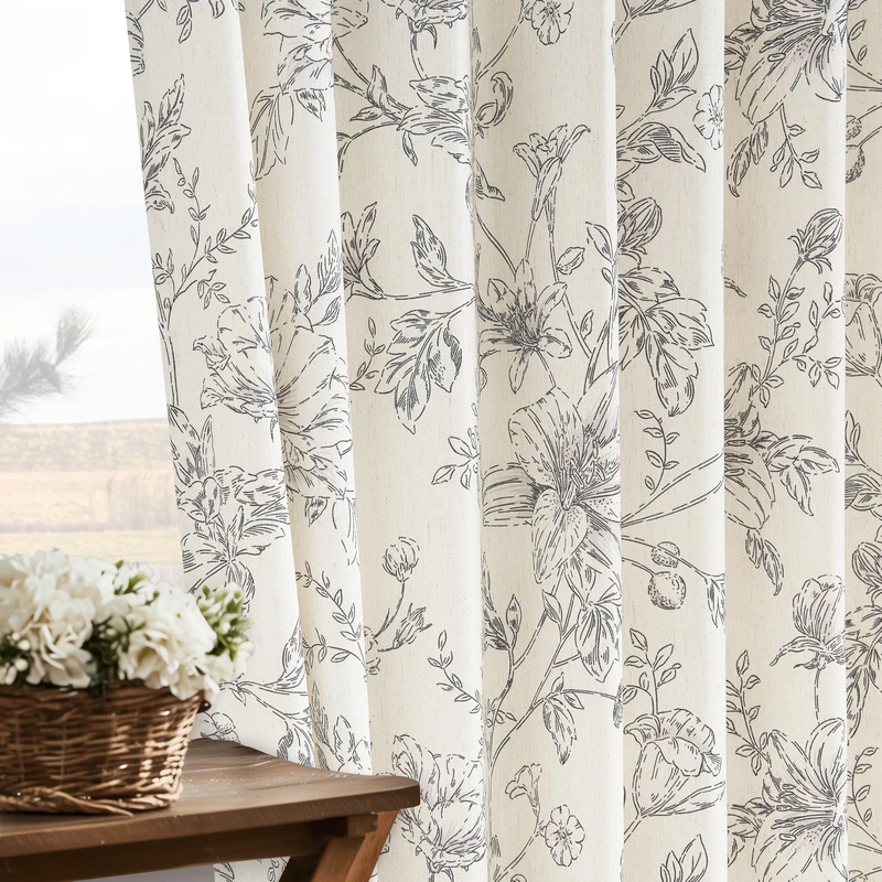 Pinch Pleat Black Floral Linen Curtains Light Filtering 84 Inches Length