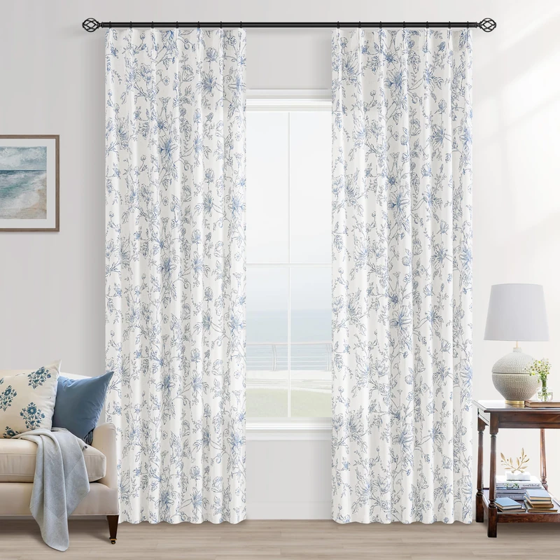 Semi Sheer Curtains 84 Inches Long Pinch Pleated Linen Floral Blue Drapes