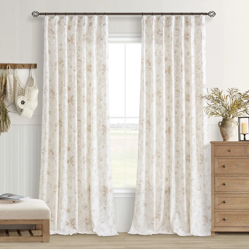 Floral Curtains Pinch Pleated Light Filtering Coffee Linen Curtain 40x108