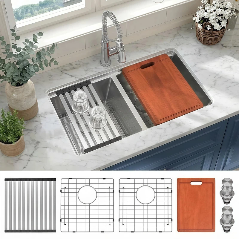 LQS 50/50 Undermount/Drop in Double Bowl Kitchen Sink, Stainless Steel Kitchen Sink with Sink Accessories (Stainless Steel, 31" x 18" x 10")