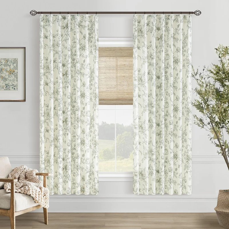 Pinch Pleated Floral Curtains 72 Inches Long Olive Print Linen Curtain
