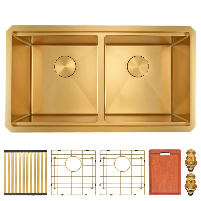 LQS 50/50 Undermount/Drop in Double Bowl Kitchen Sink, Stainless Steel Kitchen Sink with Sink Accessories (Gold, 31" x 18" x 10")