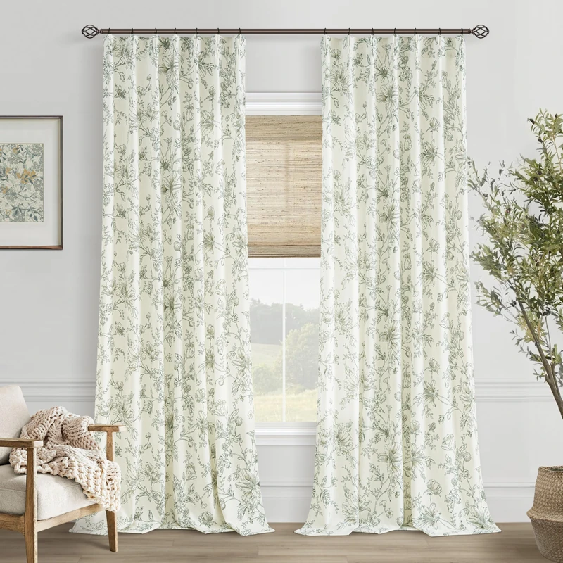 Dark Green Floral Linen 120 Inch Curtains Pinch Pleated Drapes for Bedroom