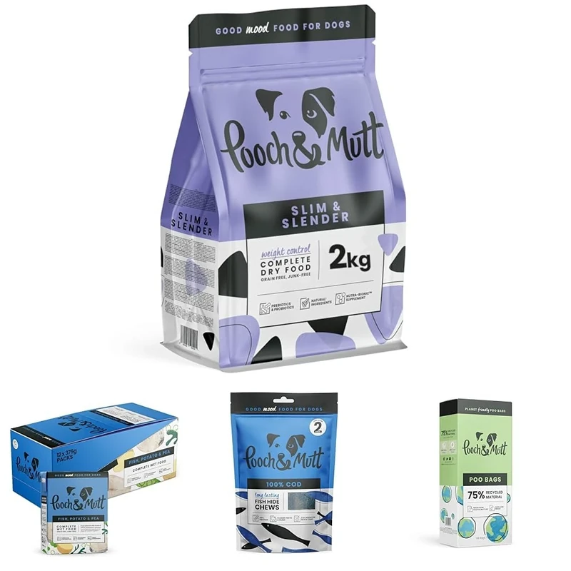 Pooch & Mutt Weight Loss Bundle: Slim & Slender Dry Dog Food 2kg, Fish, Potato & Pea Wet Dog Food (12x375g), Cod Hide Chew Treat (90g, 2 chews), 120 Poo Bags