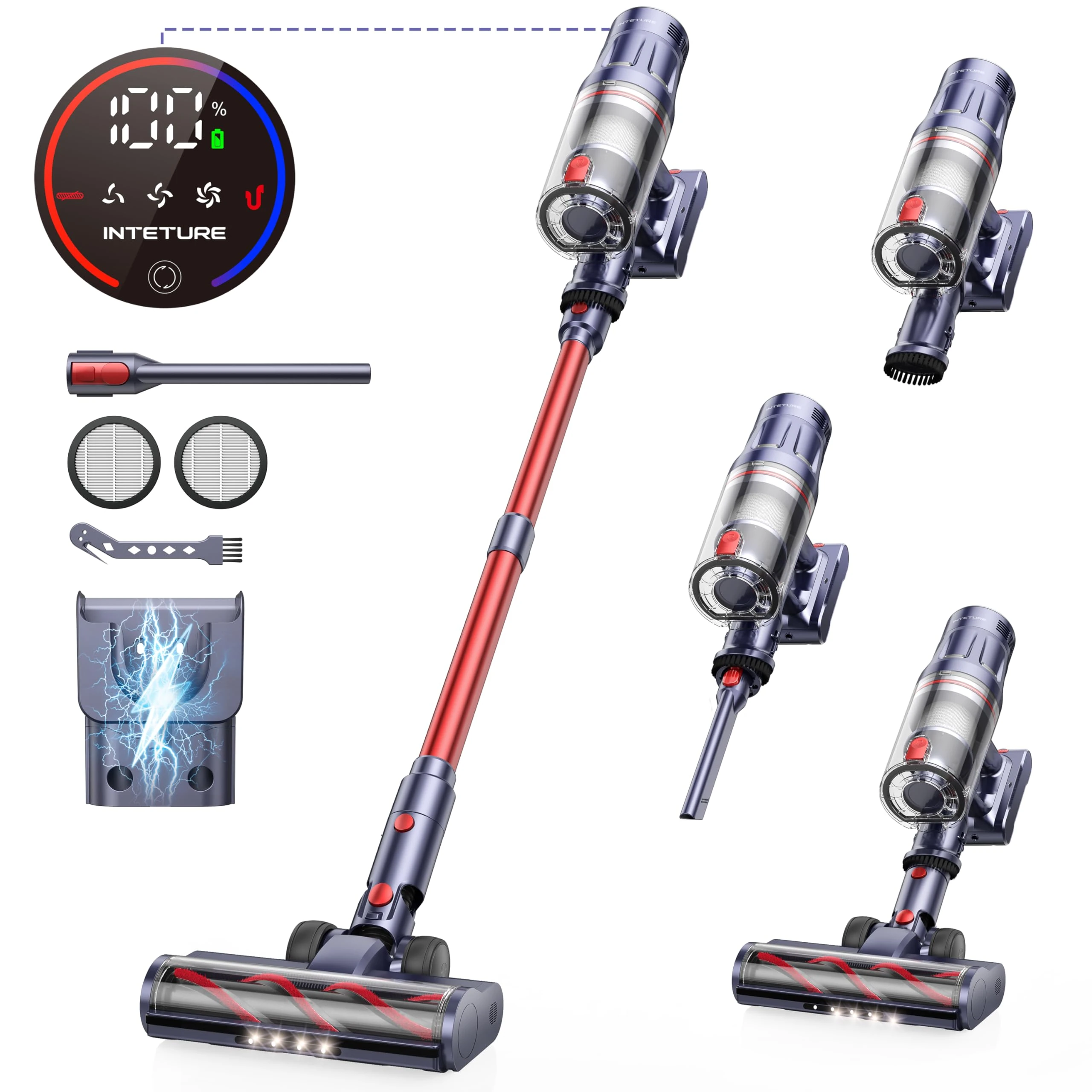 INTETURE Cordless Vacuum Cleaner 600W/50Kpa,65Mins Stick Vacuum,Self-standing Upright Vacuum Cleaner with Wall Mount Charging,Touch Screen,Vacuums for Hardwood Floor Carpet Pet Hair