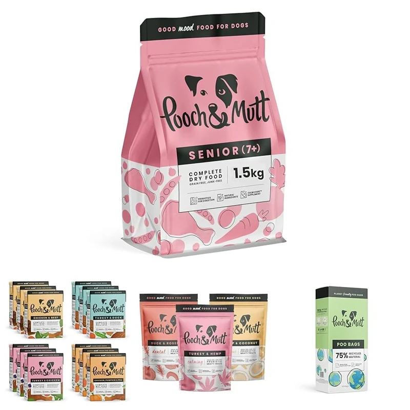 Pooch & Mutt Senior Complete Bundle, 1.5kg Grain-Free Senior Dry Dog Food, Variety Pack of Complete Wet Dog Food (12x375g), Meaty Dog Treats Variety Set (3x120), 120 Poo Bags