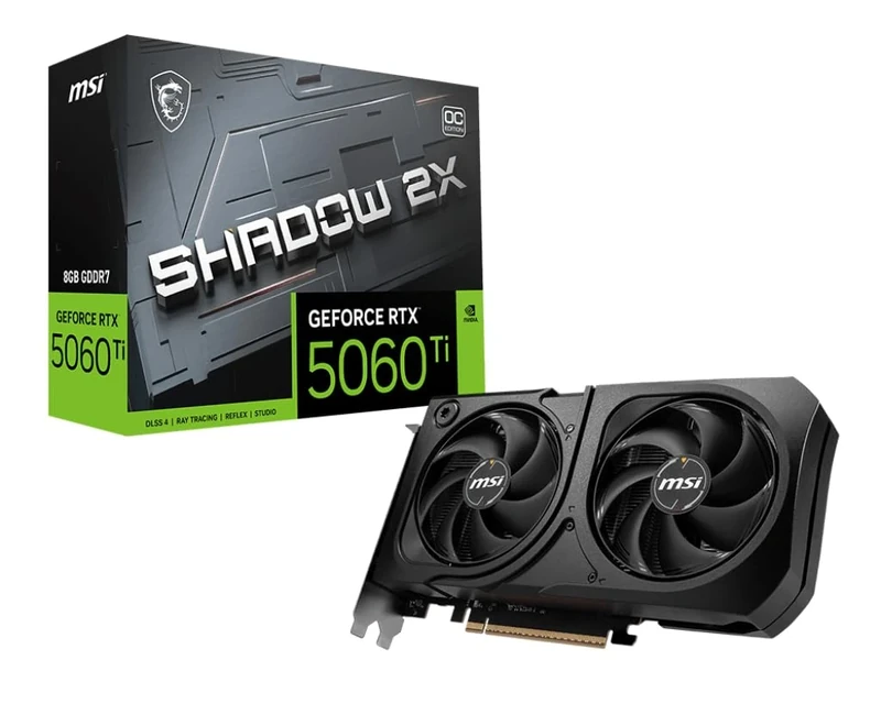MSI GeForce RTX 5060 Ti 8G SHADOW 2X OC PLUS Graphics Card - RTX 5060 Ti GPU, 8GB GDDR7 (28Gbps/128-bit), PCIe 5.0 - Dual-Fan Thermal Design (2 x STORMFORCE FAN) - HDMI 2.1b, DisplayPort 2.1b
