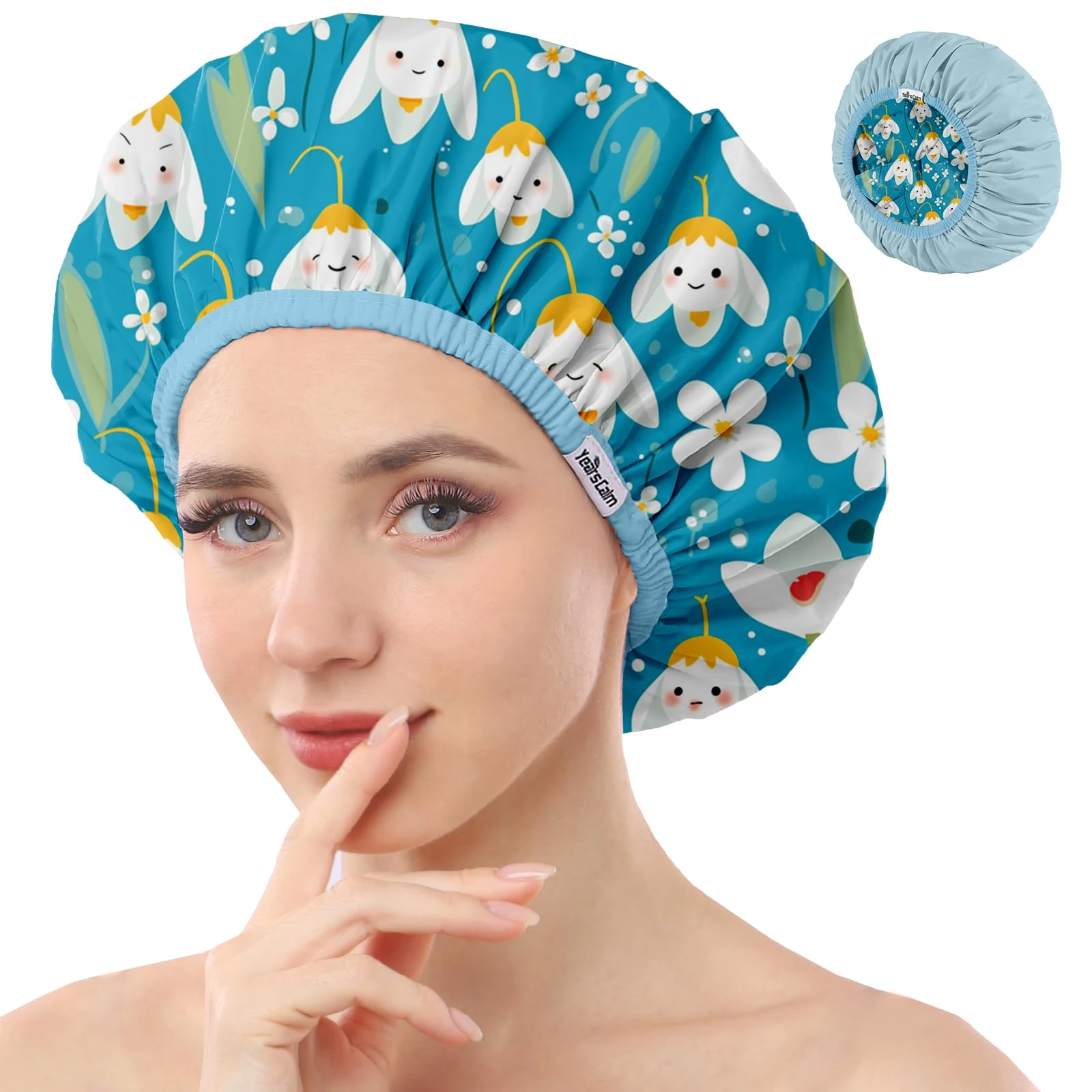 Years Calm Shower Caps For Women Reusable Waterproof，Pattern And Solid Color Dual-Layer Design For Dual-Layer Usable，Protects Hair In Shower, Spa, Cooking, Clean & Travel (Bell Orchid, Extra Large)