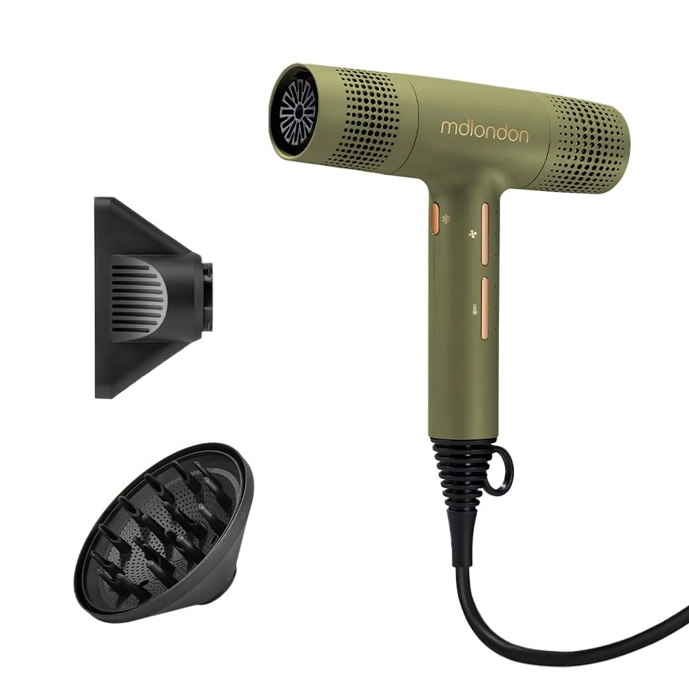 mdlondon BLOW Hair Dryer – New & Improved 1600W Hairdryer with Diffuser, Directional Nozzle & Cool Shot – Ultra-Light, Quiet & Powerful Blow Dryer For Straight, Fine, Thick or Curly Hair – Olive Green