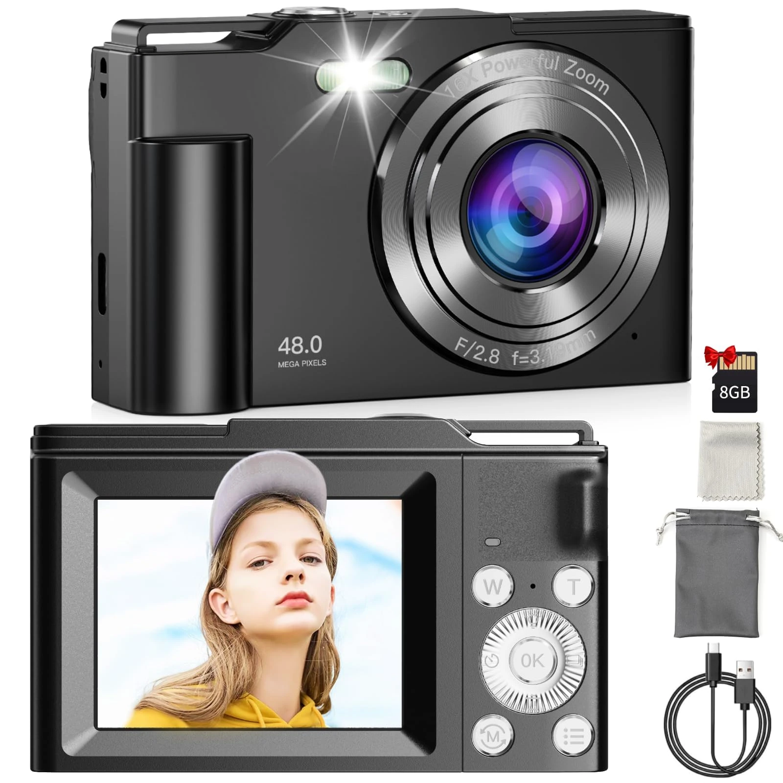 Digital Camera,Maxmango Autofocus UHD Kids Camera with 8G SD Card,2,4'' Screen with 16X Digital Zoom Anti Shake,Mini Compact Portable for Kids Teenagers Beginners