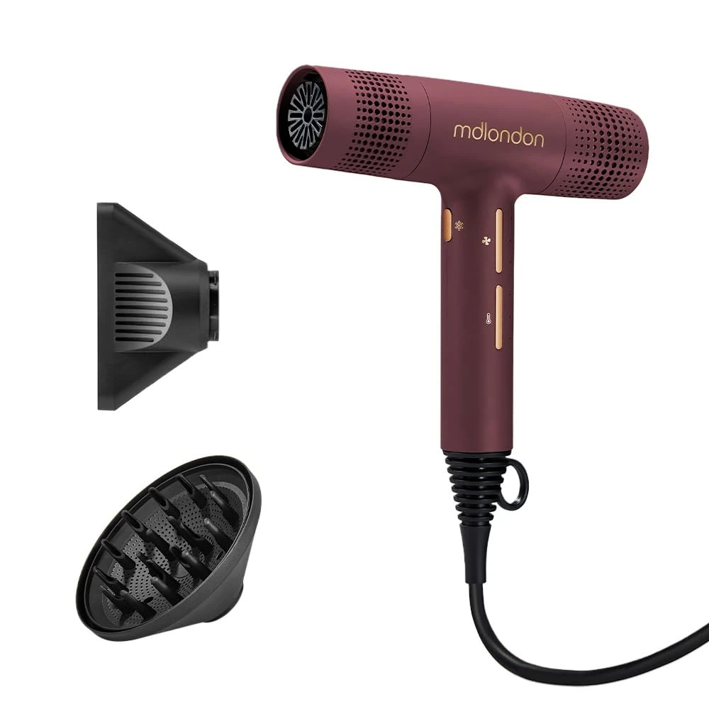 mdlondon Blow Hair Dryer – New & Improved 1600W Hairdryer with Diffuser, Directional Nozzle and Cool Shot – Ultra-Light, Quiet & Powerful Blow Dryer for Straight, Fine, Thick or Curly Hair – Berry