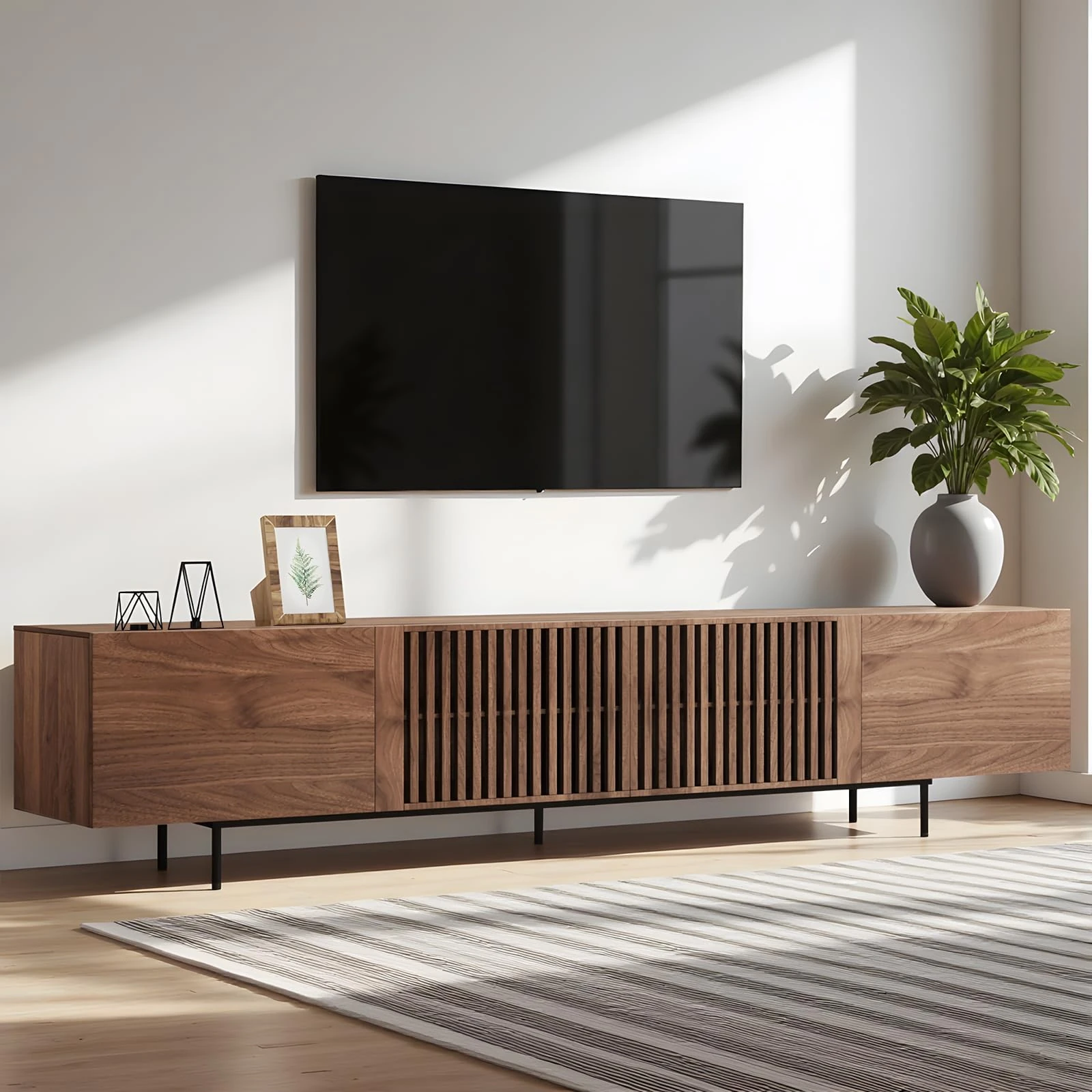 LineCrispton TV Stand for Living Room - Mid Century Wooden TV Cabinet with Storage in Walnut, Large Modern Media Unit with Drawers for 65", 75", and 85 Inch Televisions (Length: 180cm)