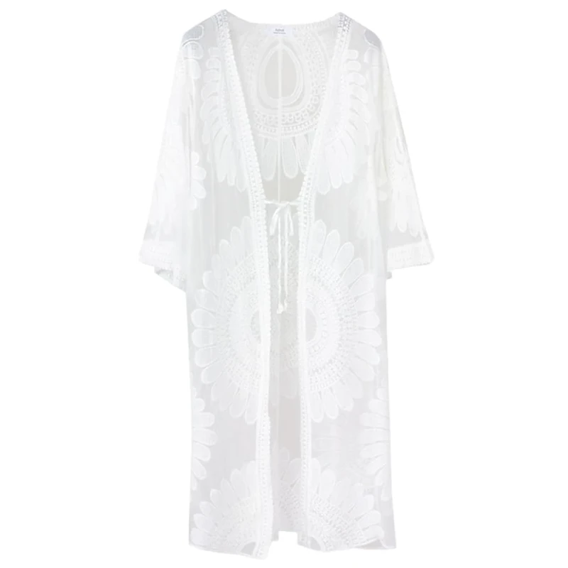 CABODYALS Long White Lightweight Summer Cardigan 2025 Sheer Lace Mesh Crochet Boho Open Front Cover Up Dress Swimsuit Swimwear Bathing Suit Embroidery Floral Cardigans for Women Beach Vacation Bikini