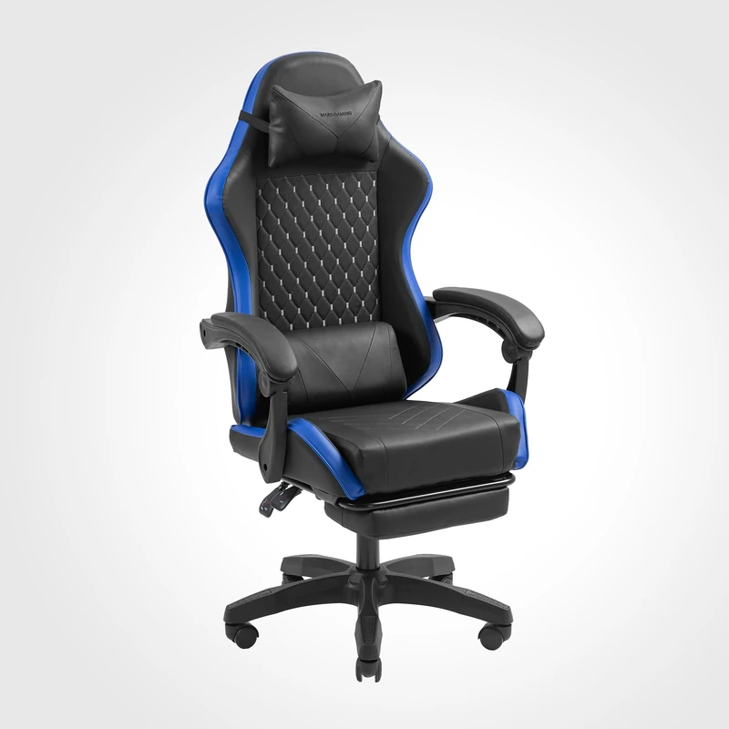 Mars Gaming MGC-X, Ergonomic Gaming Chair, Synthetic Leather, Reclining Backrest and Adjustable Height, Dynamic Armrests, Cervical and Lumbar Cushions, Office Chair with Extendable Footrest, Blue