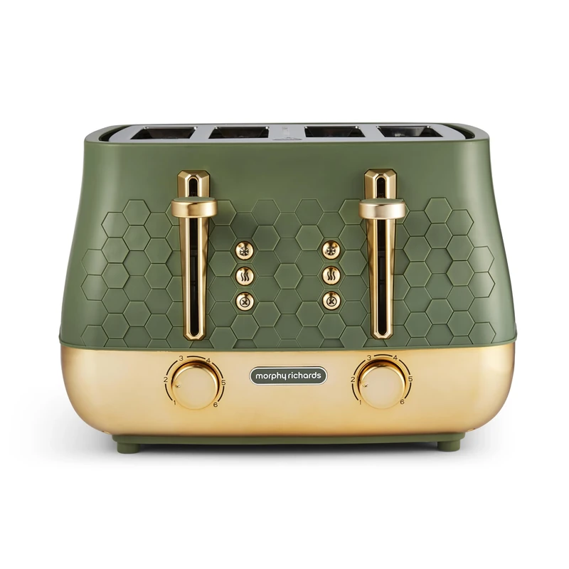 Morphy Richards Cassini 4 Slice Toaster, Variable Browning and Width Slots, 6 Power Levels, Removable Crumb Tray, Illuminated Buttons, High Lift, Defrost, Reheat, 800W, Olivine Green, 243022