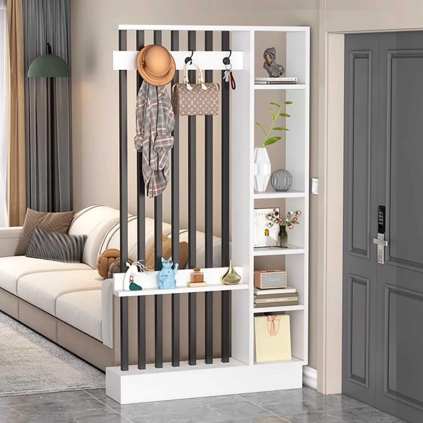 Wall Room Divider,Entrance Hall Partition Screen Column Floor to Ceiling,with Coat Rack Cabinet,Wood Privacy Screens,Room Partition Post,ceiling to floor solid wood partition(White+black,100cm/39.4in)