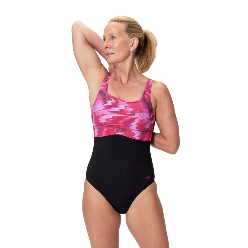 Speedo Women's Print Contour Eclipse One Piece Swimsuit, Black, 34