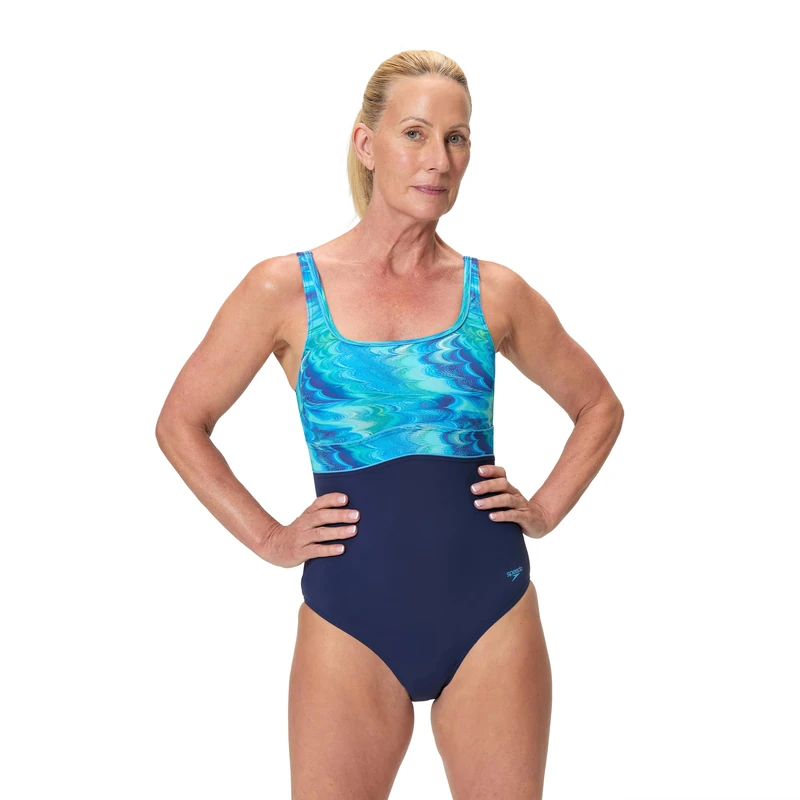 Speedo Women's Print Contour Eclipse One Piece Swimsuit, Navy Blue, 38