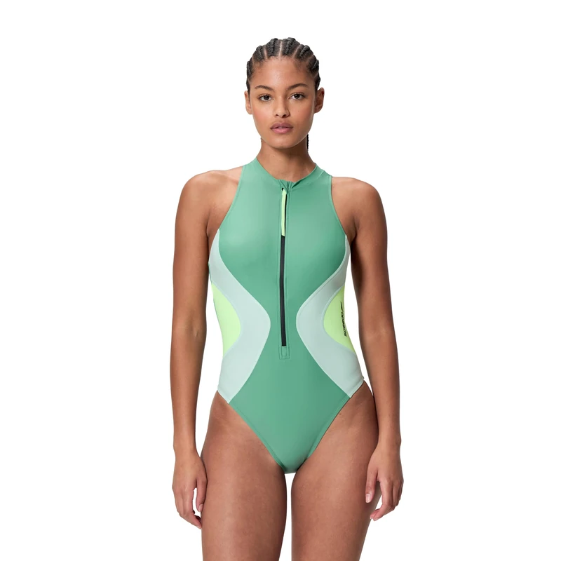 Speedo Women's Ocean Flex Zip One Piece Swimsuit, Green, XS