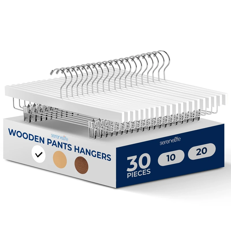 SereneLife White Wooden Trouser Hangers, 35cm Pants Hanger, 30pcs Smooth Wood Skirt Hanger Organizer with Adjustable Anti- Slip Clips, Swivel Hook Space Saving Premium Clothes Hangers