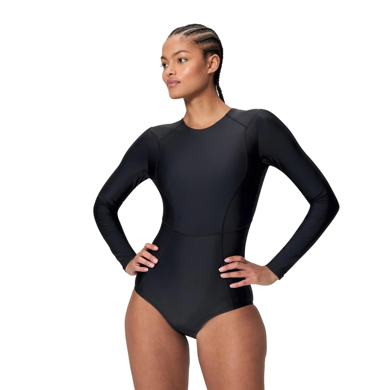 Speedo Women's Ocean Flex Long Sleeve Zipped One Piece Swimsuit, Black, XS
