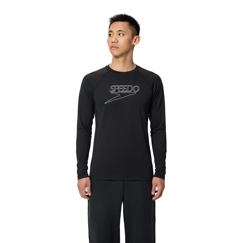 Speedo Men's End+ Long Sleeve Swim Rash Guard Top, Black, XL