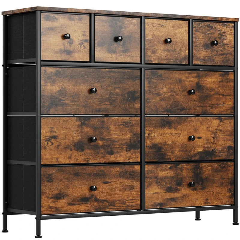 Clevich Chest of Drawers with 10 Fabric Drawers, Wooden top Sideboard, Metal Frame, Anti-Tip Design Storage Cabinet for Bedroom, Living Room & Hallway(Rustic Brown)