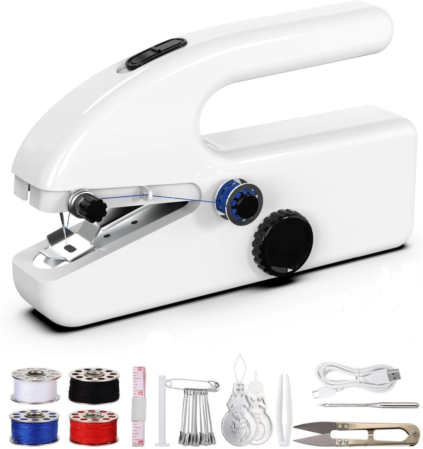 JAR HEADS Mini Portable Sewing Machine, Two Modes, Battery & USB Powered, Ideal for Beginners, Home DIY & Travel, White