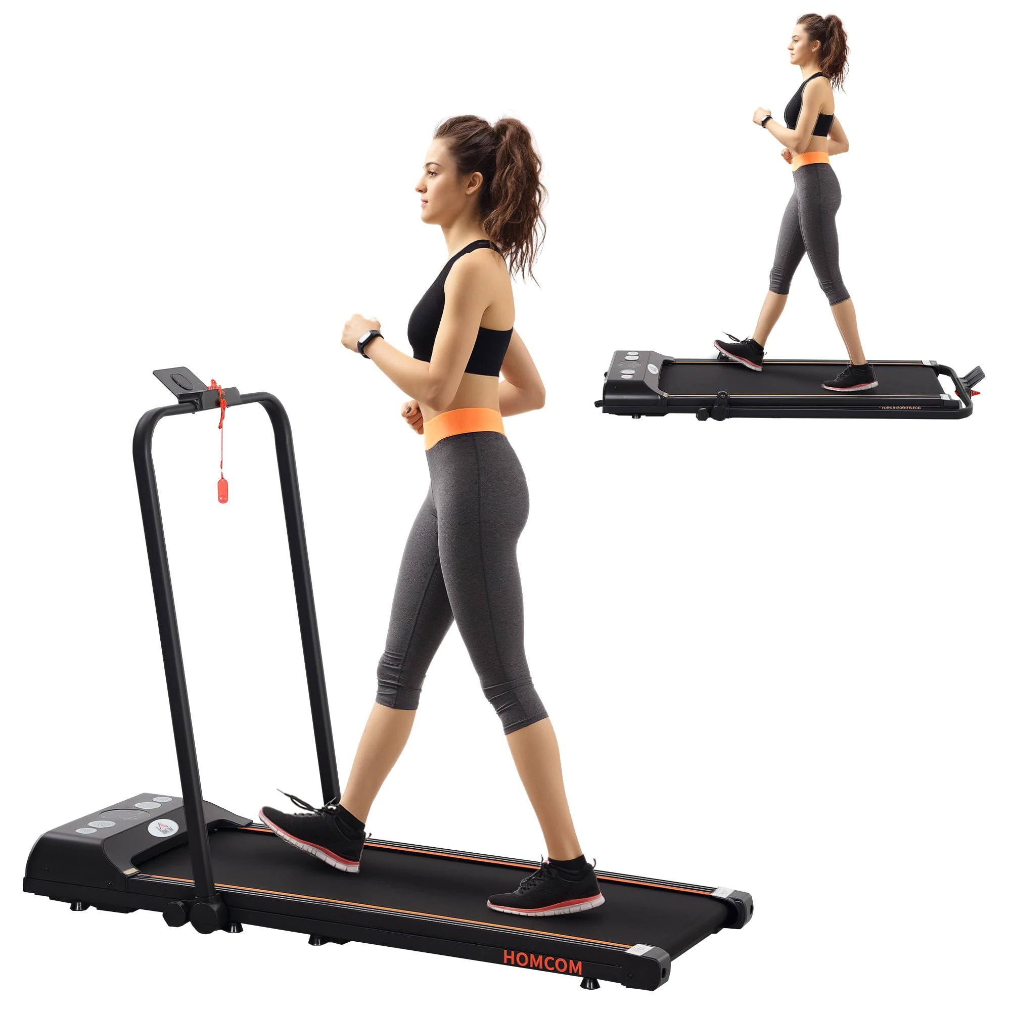 HOMCOM Walking Pad Treadmill, Folding Treadmill for Home, 1-8km/h Under Desk Running Machine with Low Noise 1.5HP, LED Display, Wheels and Remote Control, for Gym Office Fitness Training, Orange