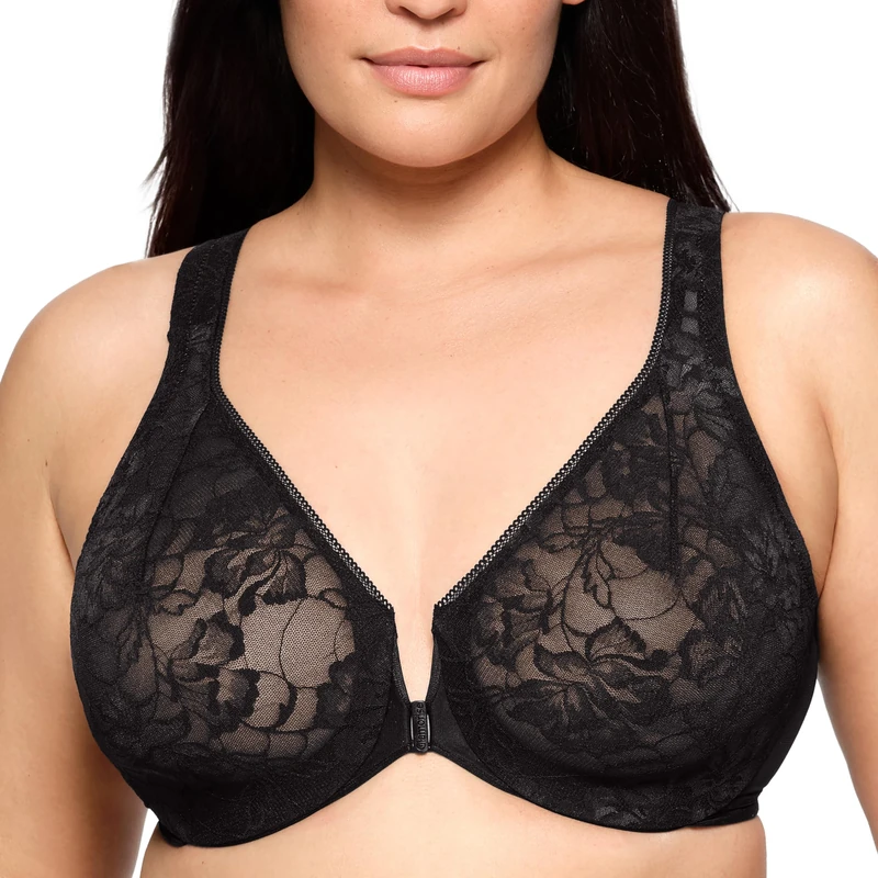 Glamorise Lacey T-Back Front-Closure Wonderwire Underwire Bra 9246 (Women's & Women's Plus) Solid Black