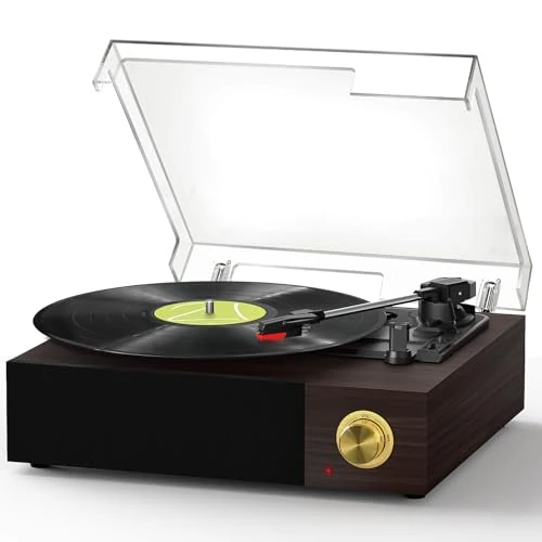 FYDEE Turntable with Bluetooth Input Support, 3 Speed Selection (33/45/78 RPM), Built-in Stereo Speakers, RCA Output and Dust Cover - Ebony