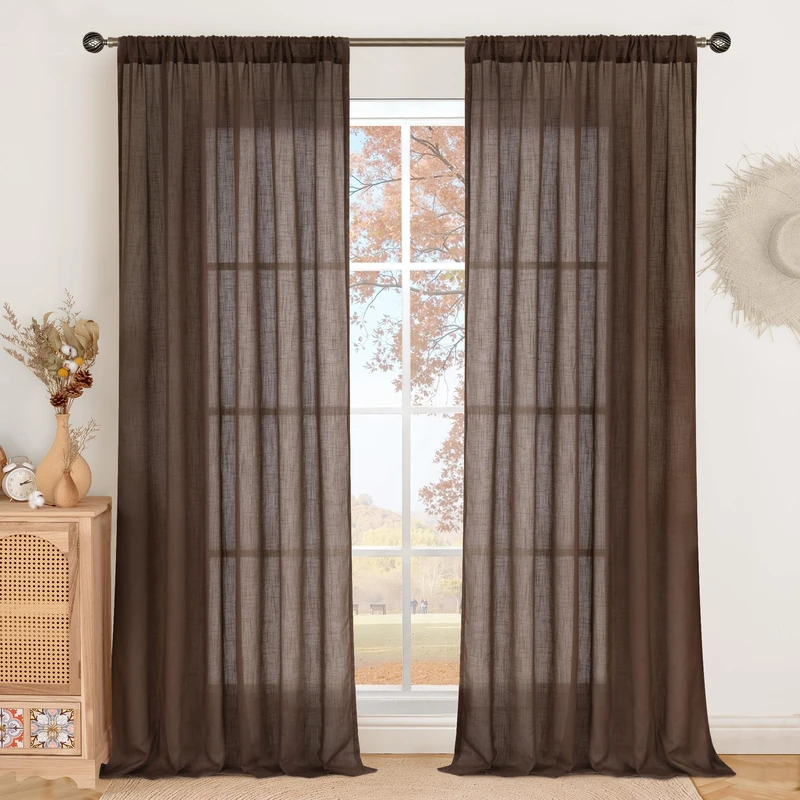 BGment Long Linen Curtains 102 Inch Length for Living Room, Brown Semi Sheer Window Drapes for Bedroom Farmhosue Decor with Rod Pocket Leightweight Rustic Textured, 2 Panels Set, Each 52 Inch Wide