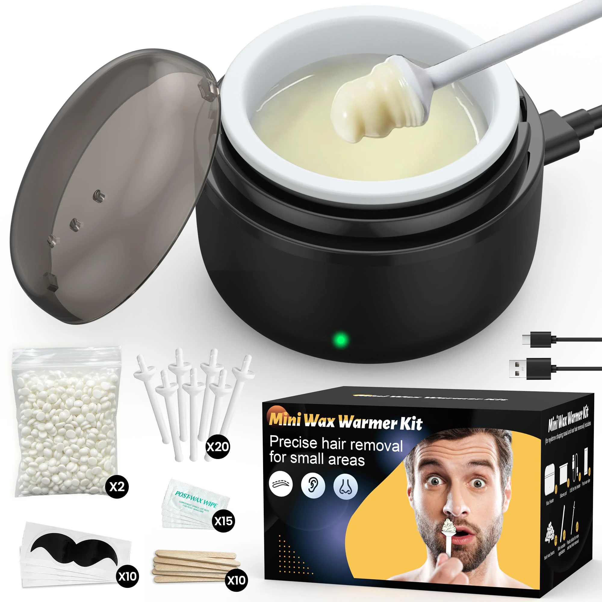 Nose Hair Wax Kit for Men and Women: Facial Waxing Kit with Black Mini Heater, USB Rapid Heating, Constant Temperature, 100g Wax, 20 Ear Wax Applicators, 10 Wooden Waxing Sticks, 10 Moustache Stencils