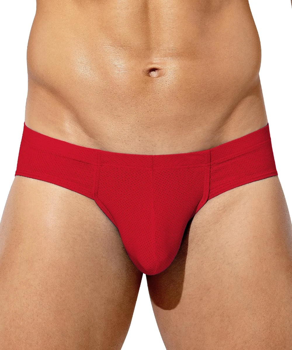 Mauro Kane Mens Briefs Silk Sexy Underwear Low Rise Mesh Soft Mens Underpants with Bulge Pouch,Red-M