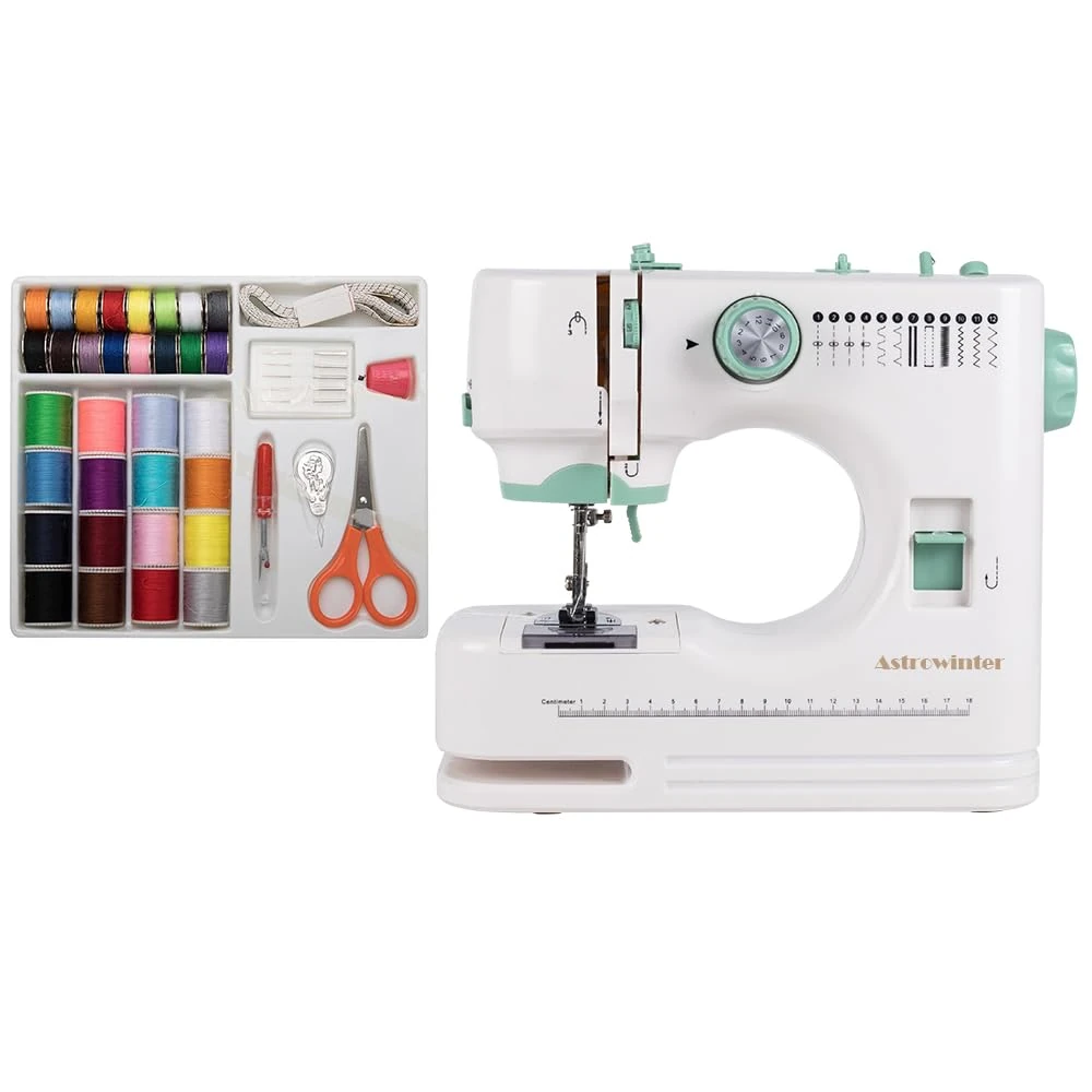 Mini Sewing Machine for Beginner by Astrowinter (Sewing Supplies set included) - Small Sewing Machines with Two Needle Types, Two Speeds, LED Sewing Light, Foot Pedal AW-073-UK-A6