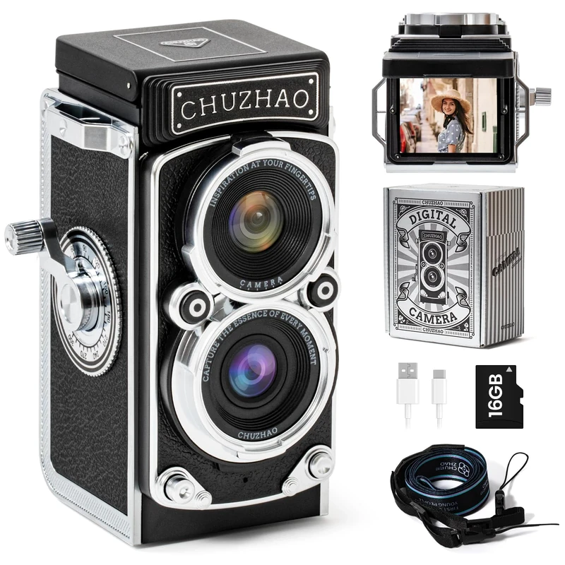 CHUZHAO Mini Vintage Digital Camera, Portable TLR Point and Shoot Retro Camera with 1080P Video, 12MP Photos, 16GB Card, 1000mAh Battery, and Dual Filters – Great for Travelers, Retro Style Lovers